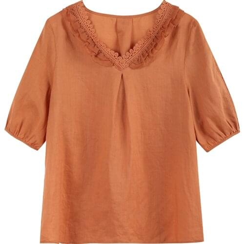 2021 Woman Summer Good Quality European Elegant Style Lace Loose Puff Sleeves V-Neck Shirt