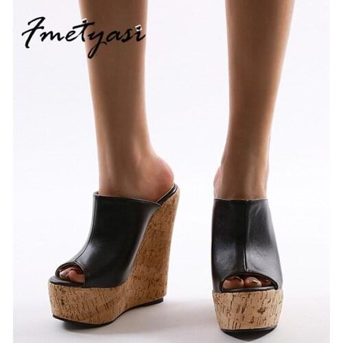 High-heeled Sandals for Woman 2021 Rubber Leather Platform Slip-on Round Toe Wedge Heel Wear-resistant Sturdy Sole Waterproof