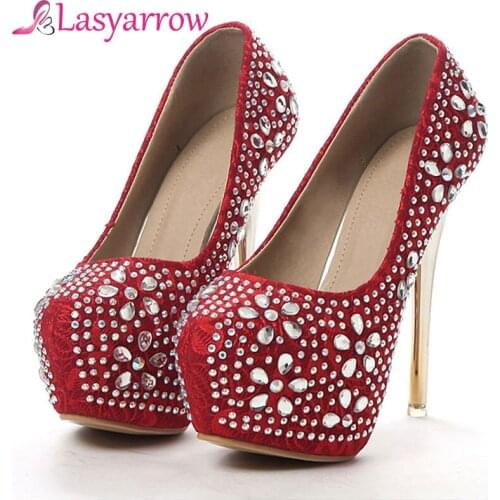 Lasyarrow 2019 Women High Heels Prom Wedding Shoes Lady Crystal Platforms Rhinestone Bridal Shoes Party Round Toe Stiletto heels