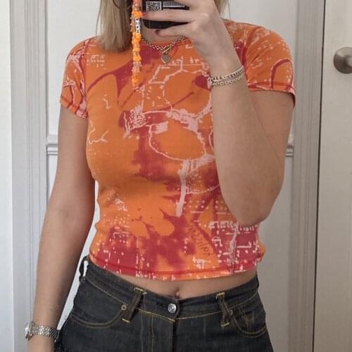 2021 Fashion Trend Print Short T-Shirt Women Short Sleeve Crew Neck Skinny Crop Top Streetwear Summer Sexy Casual Tops