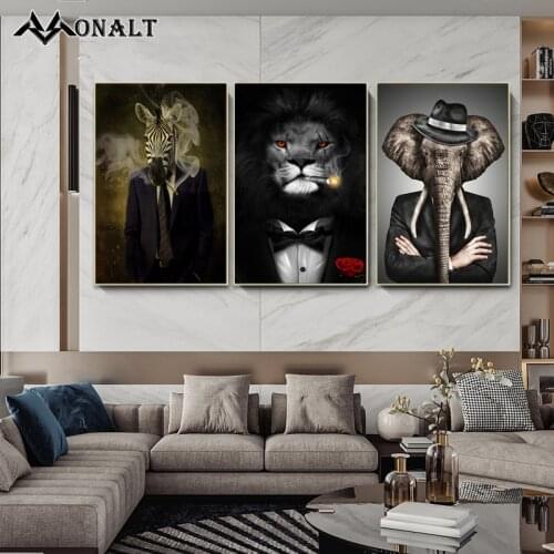 Elephant Hat Suits Elephant Elk Goat Smoking Lion Zebra Canvas Wall Art Paintings Abstract Palace Vintage Poster Animal Pictures