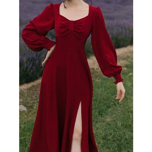 Autumn Split Sexy Slim Grow Dresses Lantern Sleeve Fashion Girl Bowknot Pleated Square Neck Elegant Red Temperament Dress Party