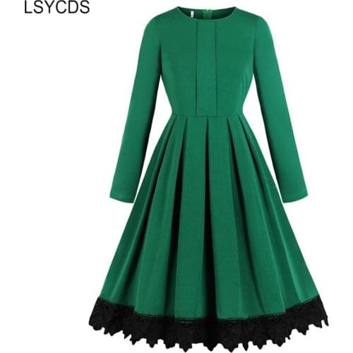 LSYCDS High Waist Big Swing Vintage Dresses Green Lace Hem Solid Pleated Midi Dress Autumn Winter Women Long Sleeve Dress