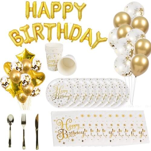 Gold Theme Birthday Party Decorations Latex Balloons Disposable Tableware Plates Napkins Banner Adult Birthday Party Supplies