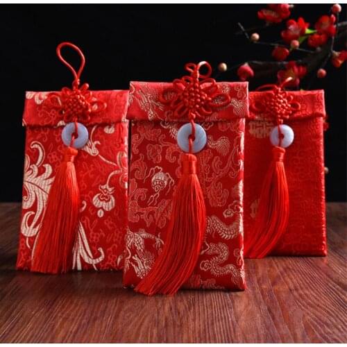 100Pcs Chinese Red Tassel Knot Lucky Money Bag Brocade Wedding Party Money Jewelry Pocket Cloth Storage Gift Bags