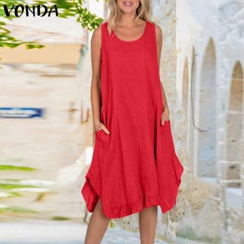 2021 VONDA Elegant Women Dress Solid Color Asymmetric Hem Ruffled Dress Casual Sleeveless Pleated Vestido With Pockets