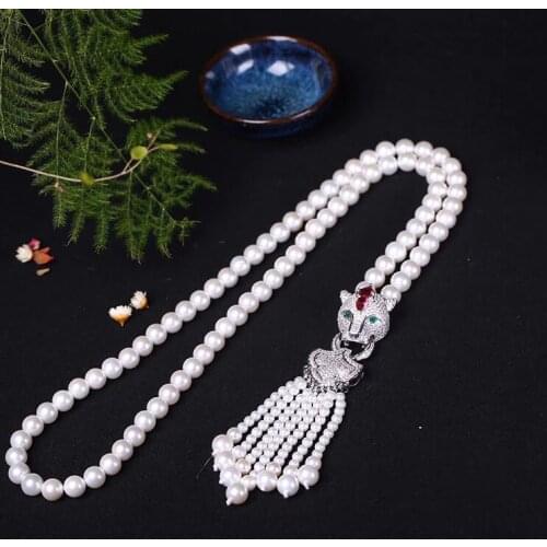 White 8mm shell pearl jewelry sweater chain necklace fashion jewelry Leopard head inlay zircon 6mm tassel sweater chain