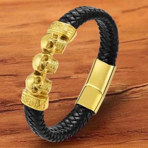 Charm Rope Braided Stainless Steel Gold Genuine Leather Men Bracelet Skull Bangles Woven Luxury Jewelry