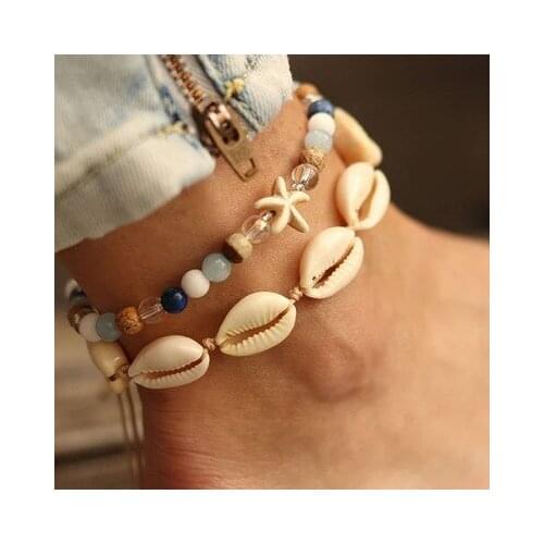 Vintage Shell Beads Starfish Anklets for Women Leather Woven Leg Necklace Handmade Bohemian Jewelry Sandals Gift
