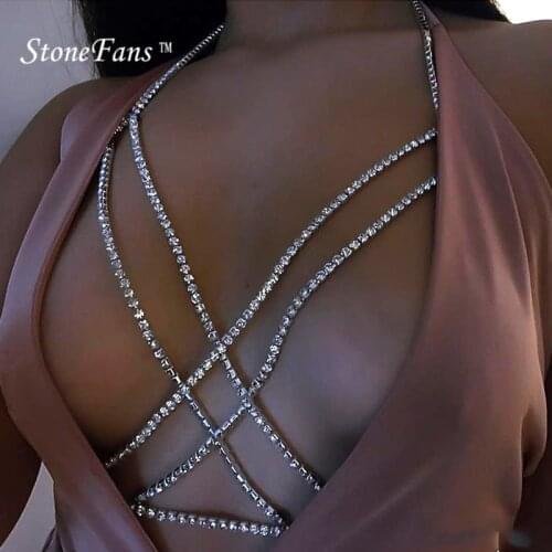 StoneFans 2020 Women Full Rhinestone Body Fashion Chain Necklace Jewelry Shiny Rhinestone Crystal Bra Body Charming Club Jewelry