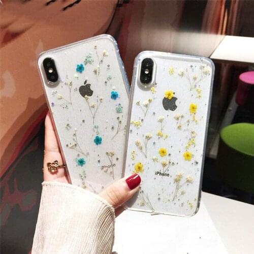 Case for iPhone 11 Case Mobile Phones Accessories for iPhone 12 Pro Max Case Glitter Real Dry Flower Smartphones Shell for Apple