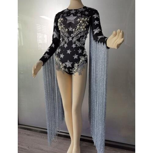 Designer Fashion Rhinestone Pearl Long Tassel Dancer Bodysuit Women Stretch Crystal Fringes Party Jumpsuit Singer Stage Costumes
