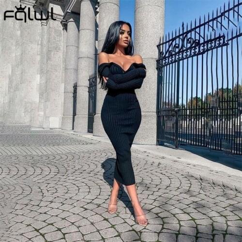 FQLWL Autumn Ribbed Black Sexy Dresses For Women 2021 Off Shoulder Long Sleeve Bodycon Dress Ladies White Club Long Maxi Dress