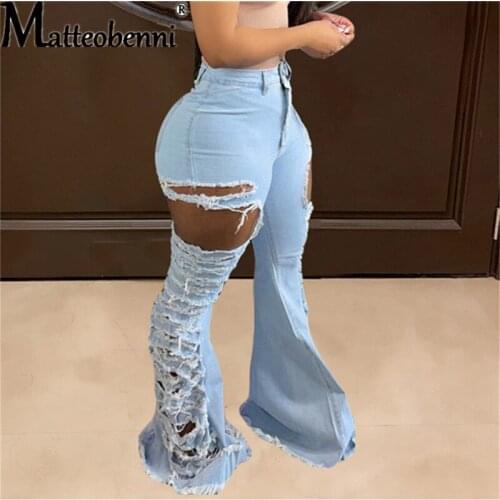 Summer 2021 Women Mid Waist Ripped Elastic Sheath Full Length Denim Flare Pants Female Fashion Casual Wide Leg Trousers Jeans