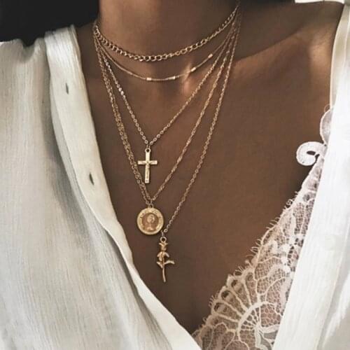 Modyle 2019 New Fashion Gold Color Multilayer Chains Necklaces Geometric Cross Pendants Necklaces For Women Bijoux