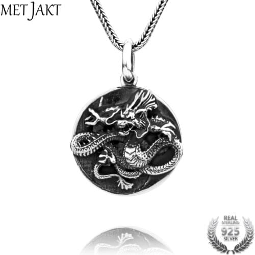 MetJakt Handmade 925 Sterling Silver Dragon Pendant Necklace Vintage Tai Chi Gossip Pendant for Mens Punk Jewelry
