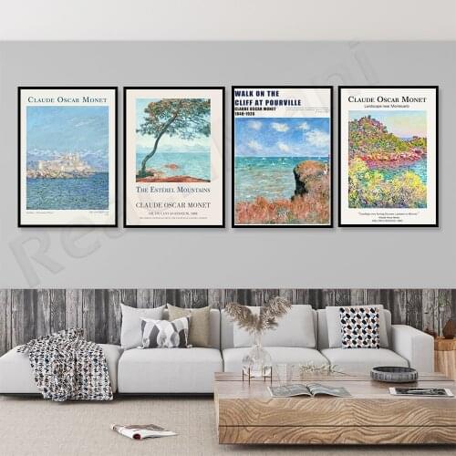 A set of 4 vintage poster prints of Monets art exhibition, wall prints of Monets art, and printable art posters