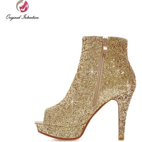 Original Intention Popular Women Ankle Boots Glitter Peep Toe Thin Heels Boots Black White Gold Silver Shoes Woman Size 4-10.5