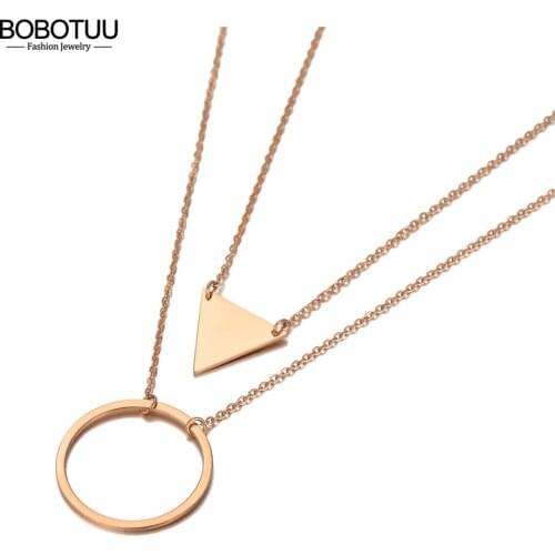 BOBOTUU Bohemia Double Layer Geometry Triangle Circle Charm Pendant Necklaces For Women Stainless Steel Choker Necklace BN20164