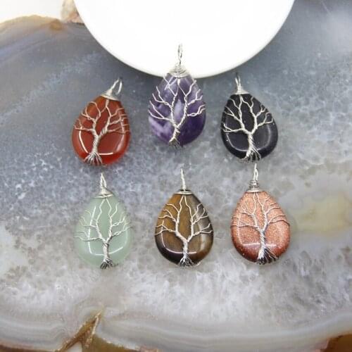 1pcs Natural Amethysts Tiger Eye Drop Shape Tree of Life Pendants Silvery Wire Wrapped Necklace DIY Jewelry Making Accessories