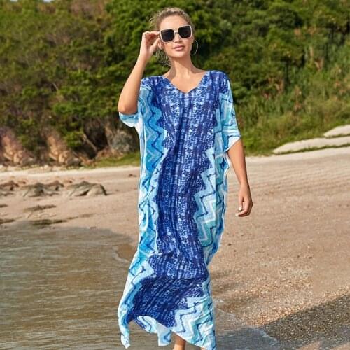 Swimming Dress For Woman Large Size Cover Ups Swimsuit Capes Bikini Bathing Suit Cover Up Female Pareo Beach Tunic Blue Print