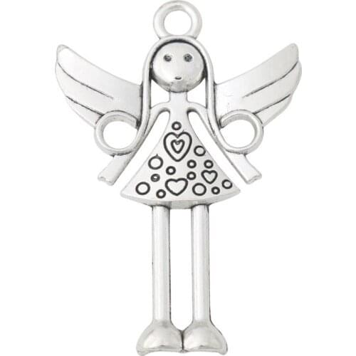 RAINXTAR Fashion Alloy Antique Silver Color Angel Charms Girl Charms For Kids Necklace 40*59mm 50pcs AAC159