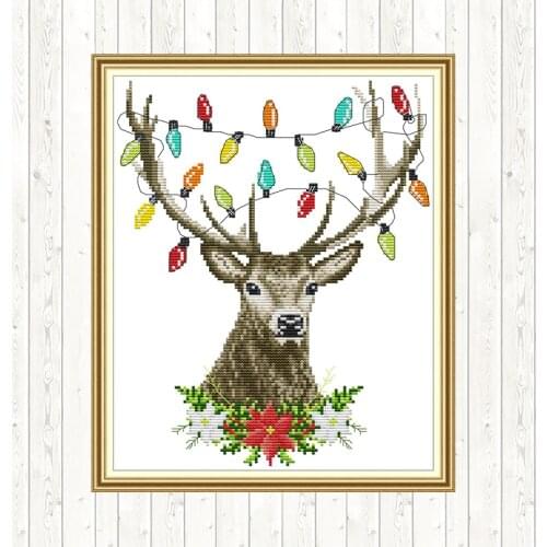 Christmas Antlers Cross Stitch Patterns Aida Fabric 14ct 11ct Counted Printed Canvas DIY Hand Crafts Cross-stitch Needlework Set