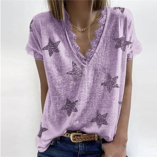 2021 Women Summer T-Shirt V-neck Star Print Lace Ladies Short Sleeve Tees Casual Loose Basic Top Female Clothing