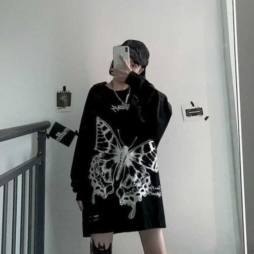 Gothic tshirt women tshirt o-neck long-sleeved loose all-match t shirt femme dark black printed solid color top 2020 trend goth