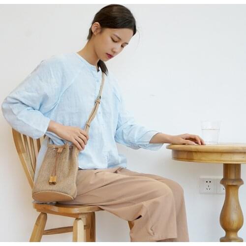 Drawstring Womens linen cotton Bucket Bag Woven Shoulder Bags Shopping Purse Beach Handbag Messenger Bags Ladies Shopping Purse