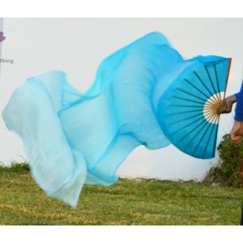 High Selling 100% Real Silk Veils 1 Pair Handmade Women Belly Dance Fans Performance Fan Quality Silk Dance 2 turquoise180*90 cm