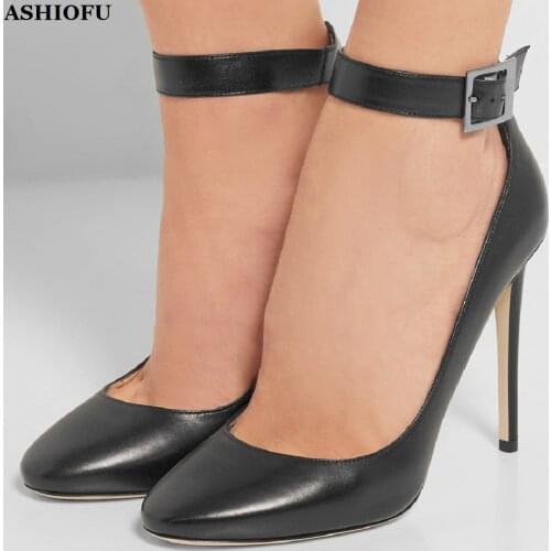 ASHIOFU Handmade Ladies High Heel Pumps Buckle Ankle Strap Party Prom Dress Shoes Fashion Sexy Evening Court Shoes