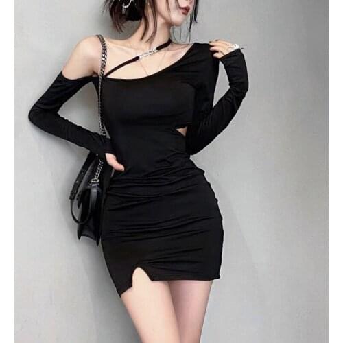 Sukienka women black mini dress sexy inclined shoulder full sleeve autumn bodycon dress hollow out high waist kpop dress vestido