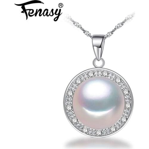 FENASY Natural Freshwater Pearl Necklaces For Women 925 Sterling Silver Cubic Zirconia Classic Statement Round Pendant