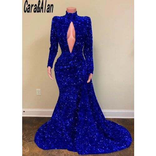 Sexy Keyhole Neck Mermiad Blue Prom Dress Long Sleeves High Neck Mermiad Vestidos De Fiesta 2021 Sequin Celebrity Party Gowns