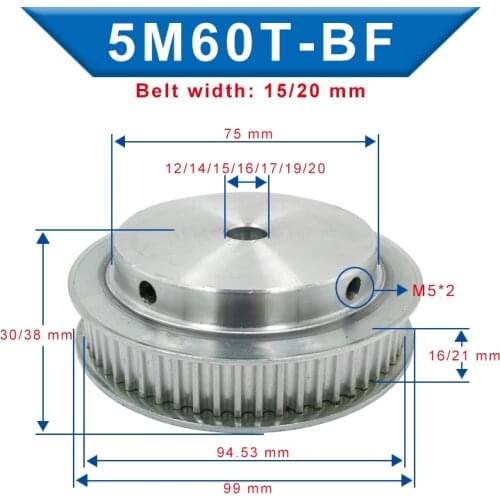 5M-60T Pulley Inner Bore 12/14/15/16/17/19/20 mm Aluminum pulley wheel Slot Width 16/21 mm Fit For Width 15/20 mm 5M-timing belt