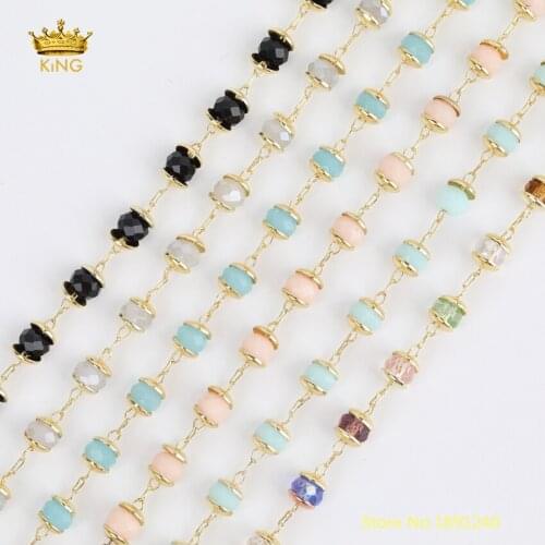 5meters Bezel Glass Crystal Beaded Chain Bracelet Jewelry,3x4mm Double Copper Wire Wrapped Faceted Rondelle Glass Chains HX224