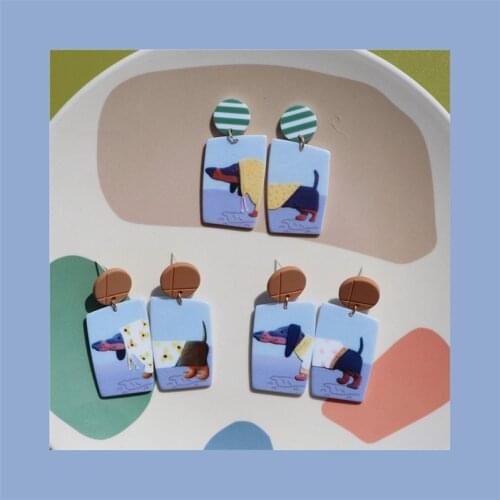 AOMU 2021 New Design Colorful Pet Earrings Graffiti Animal Dog Printed Earrings Jewelry Fashion Geometric Round Square Earring