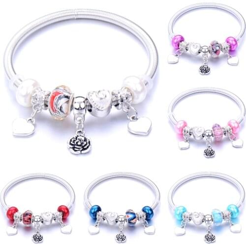 2020 Couple bracelet For Women Jewelry Beads Bracelet Charms Metal elastic Love Heart Girls Bracelet Metal petals Boho Punk