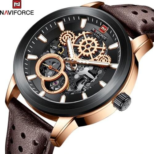 NAVIFORCE 2021 Men Watch Casual Business Luminous Pointer Creative Watches Automatic Movement Brown Strap 100m Waterproof Clock