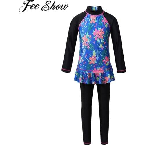 FEESHOW Kids Summer Wetsuit Surfing Clothes Girls Floral Printed Long Sleeves Rash Guard Swimsuit Swimwear Bathing Suit Set