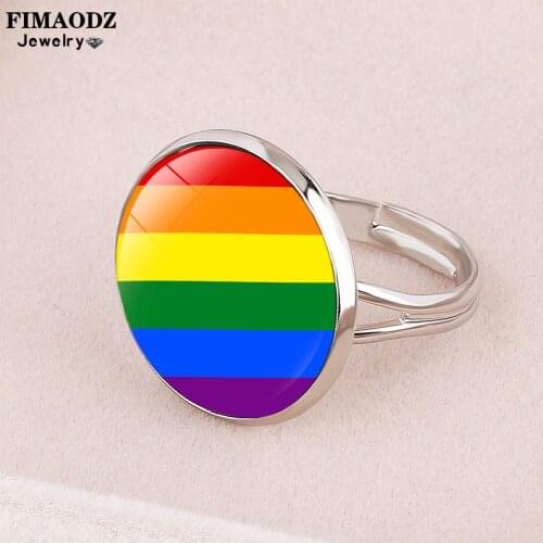 FIMAODZ LGBT Rainbow Flag Ring Lesbian Gay Pride Glass Pattern Adjustable Rings For Women Men Engagement Wedding Couple Jewelry