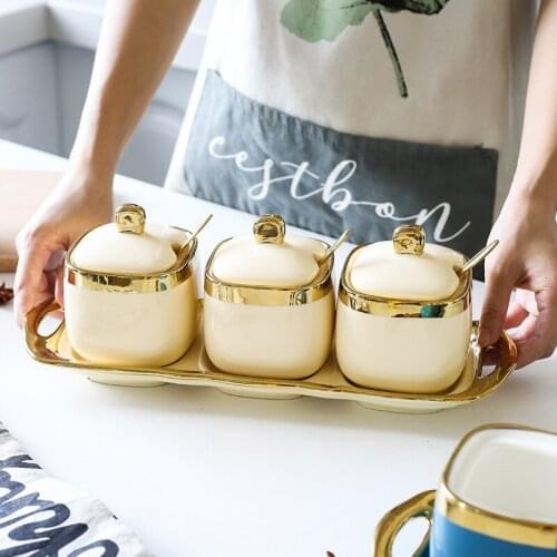 Phnom Penh seasoning jar ceramic household kitchen three-piece seasoning box salt jar MSG set combination with tray