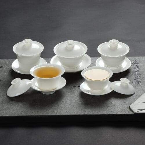 Pure White Porcelain Cover Bowl Suet Jade Ceramic Tea Cup Sancai Gaiwan Kungfu Tea Set Celadon Tea Accessories
