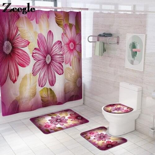 Printing Bath Mat And Waterproof Shower Curtain Set Flannel Bathroom Mat Set Non-slip Foot Mat Absorbent Toilet Seat Cover Mat
