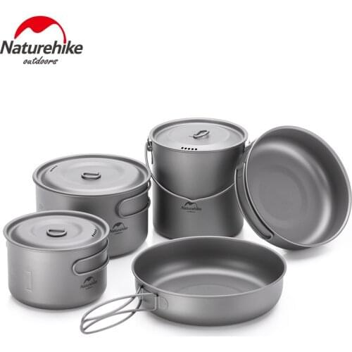 Naturehike Outdoor Camping Cookware Titanium Pot Frying Pan Ultralight Tableware 0.8-1.3L Pot Travelling Hiking Picnic Cooker