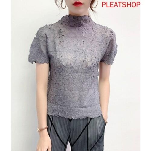 MIYAKE Pleated Half-Collar Top 2020 Summer Yellow Bottoming Shirt Slim Short Sleeve Tops Chemise Femme Tee Shirt Femme Pleats