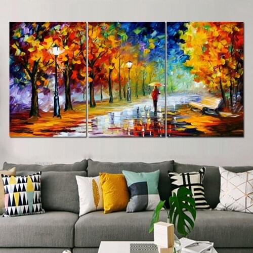 Wall Art Abstract 3 Panels Oil Painting On Canvas Posters and Prints Raining Landscape Park Picture for Nordic Home Decoration