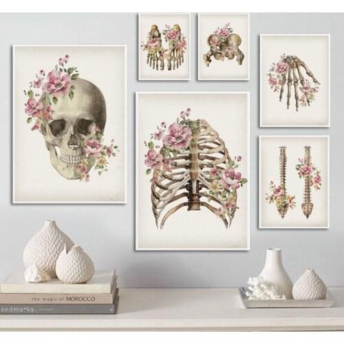 Skull Spine Medical Wall Art Print Canvas Painting Floral Skeletal Bones Anatomy Poster Abstract Picture Clinic Home Decoration