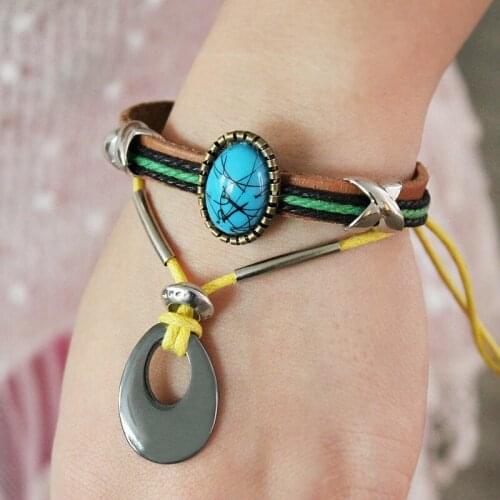 New Leather Bracelets Green Stone Bracelets Bangles Men Inlay Roundness Bead Nation Bohemian Bracelets For Women Jewelry